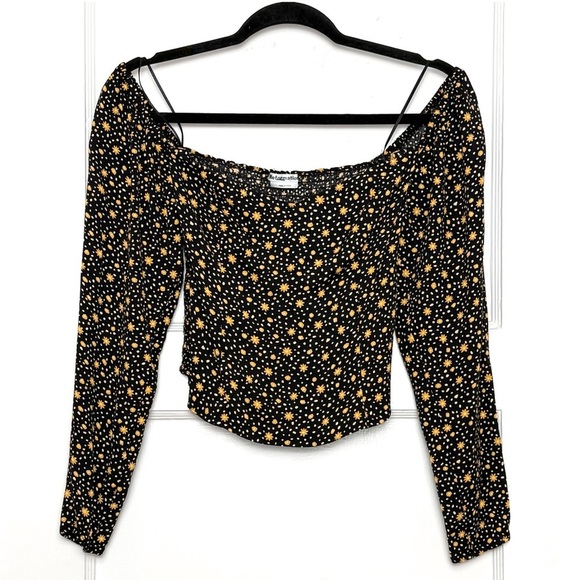 REFORMATION Daisy Dot Print Crepe Square Neck Smocked Back Long Sleeve Top 0 - Picture 3 of 6